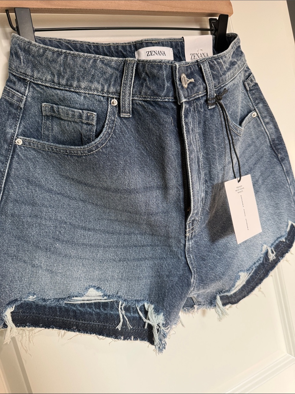 Zenana Outfitters Distressed Blue Denim Cutoff Shorts - Picture 2 of 5